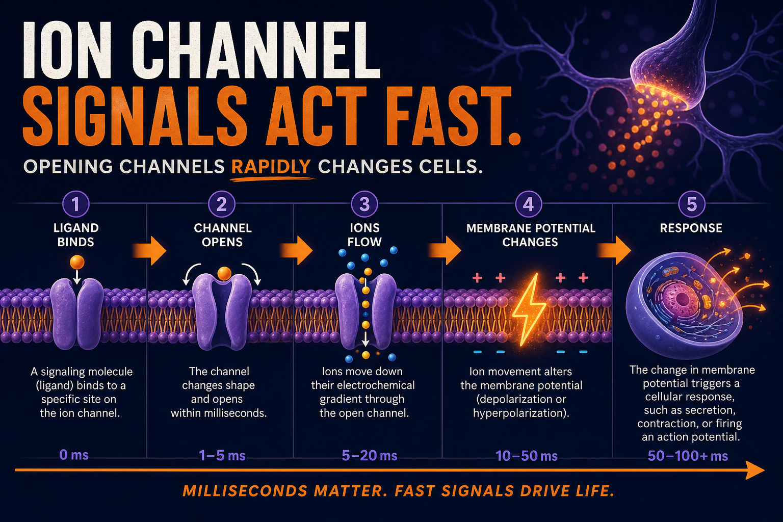 AP Biology ion channel fast signaling infographic showing rapid ligand binding, channel opening, ion flow, and cell response