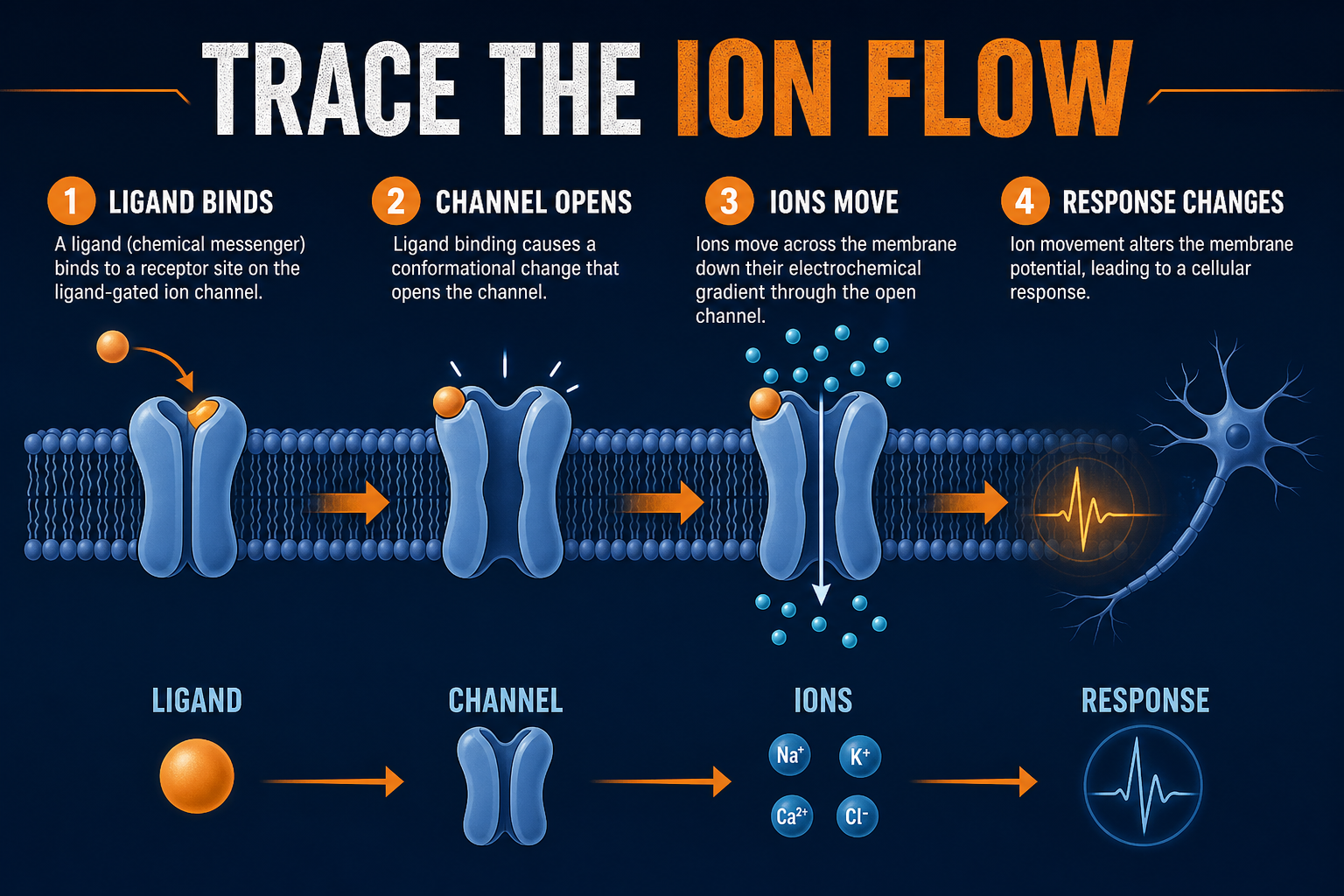 AP Biology ion channel receptor FRQ infographic showing how to trace ligand binding, channel opening, ion movement, and cellular response