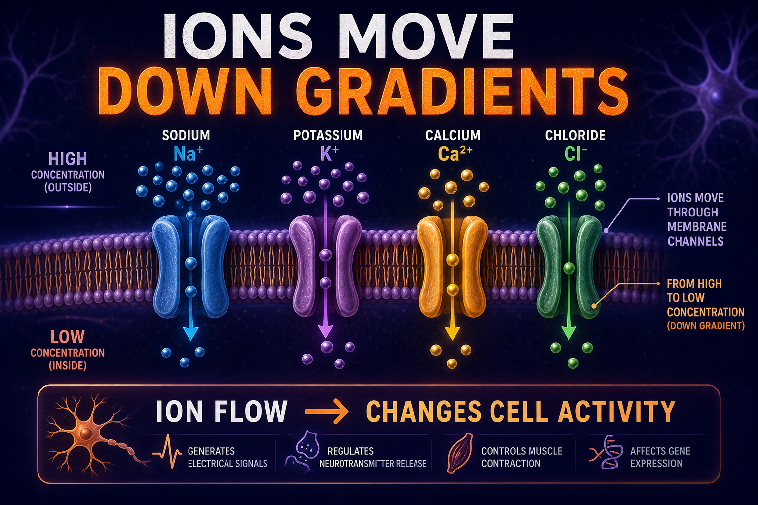 AP Biology ion movement infographic showing ions moving down electrochemical gradients through membrane channels