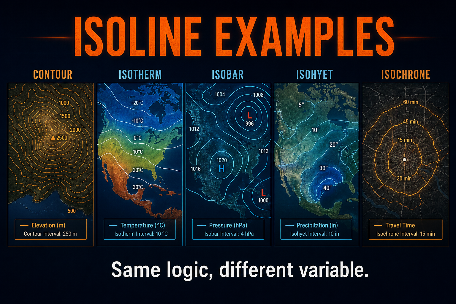 Isoline map examples in AP Human Geography including contour lines, isotherms, isobars, isohyets, and isochrones