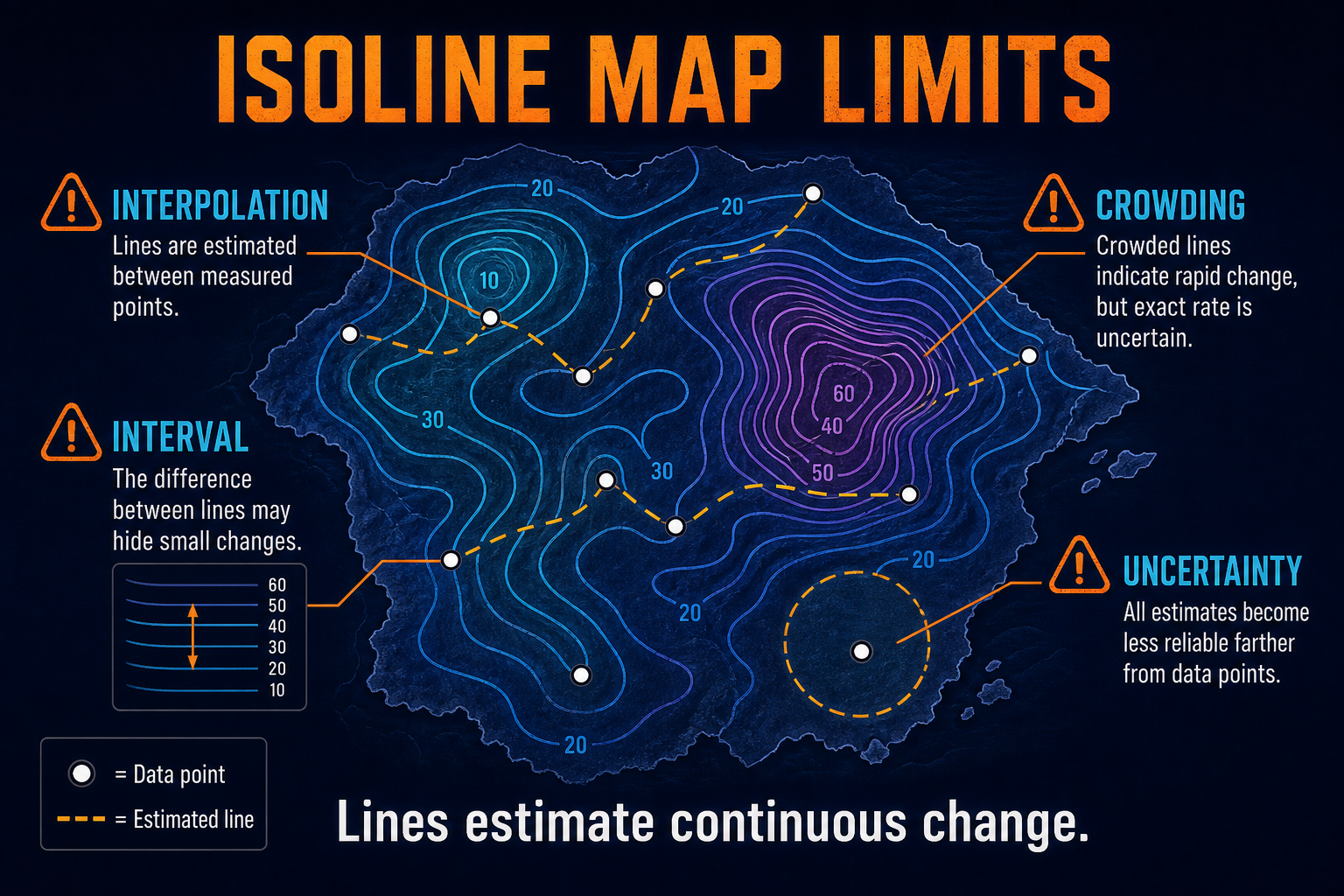 Isoline map limitations in AP Human Geography showing interpolation, crowded contour lines, interval confusion, and uncertainty between values