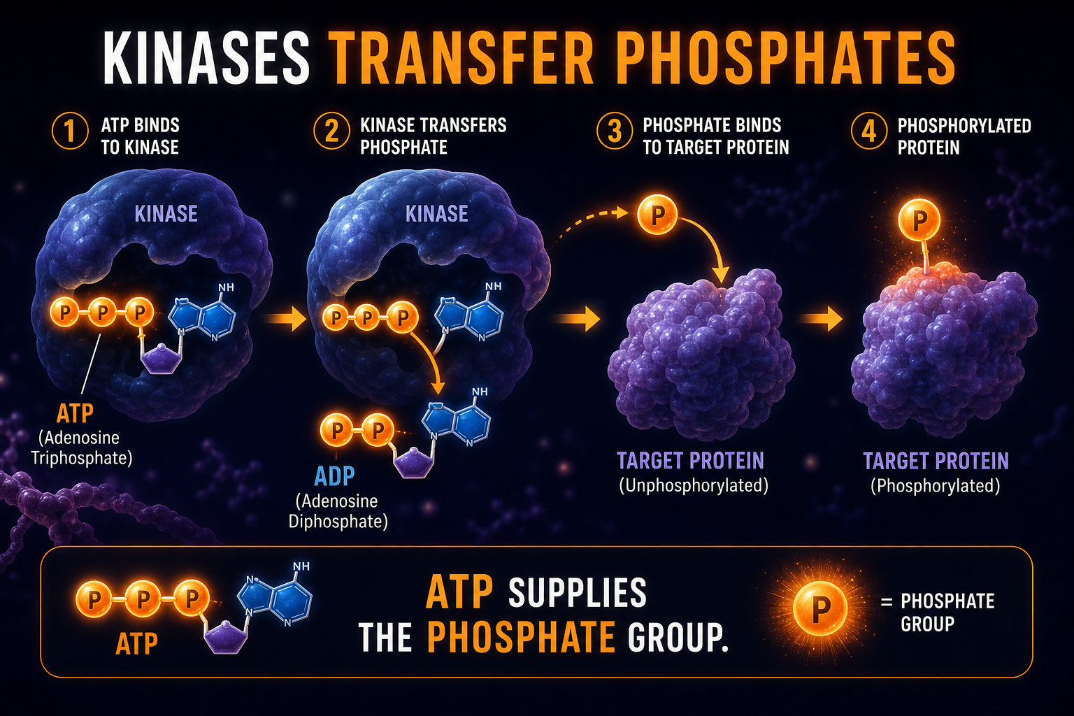AP Biology kinase infographic showing a kinase transferring a phosphate group from ATP to a target protein