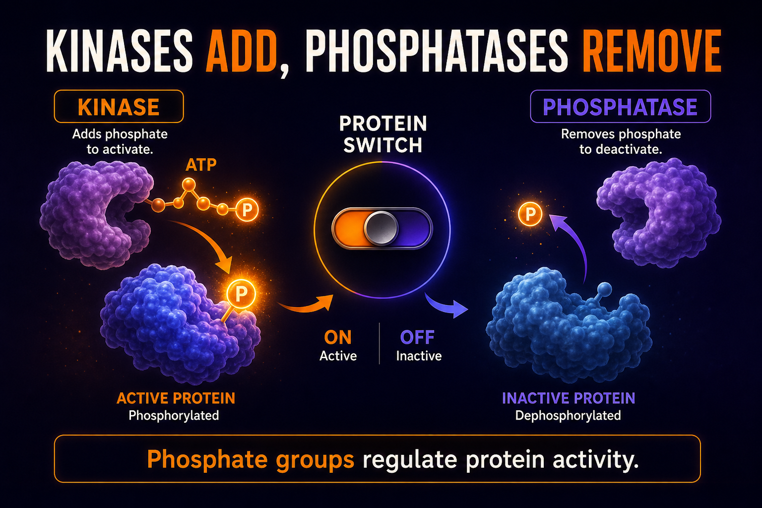 AP Biology kinases and phosphatases infographic showing kinases adding phosphate groups and phosphatases removing phosphate groups to regulate protein activity