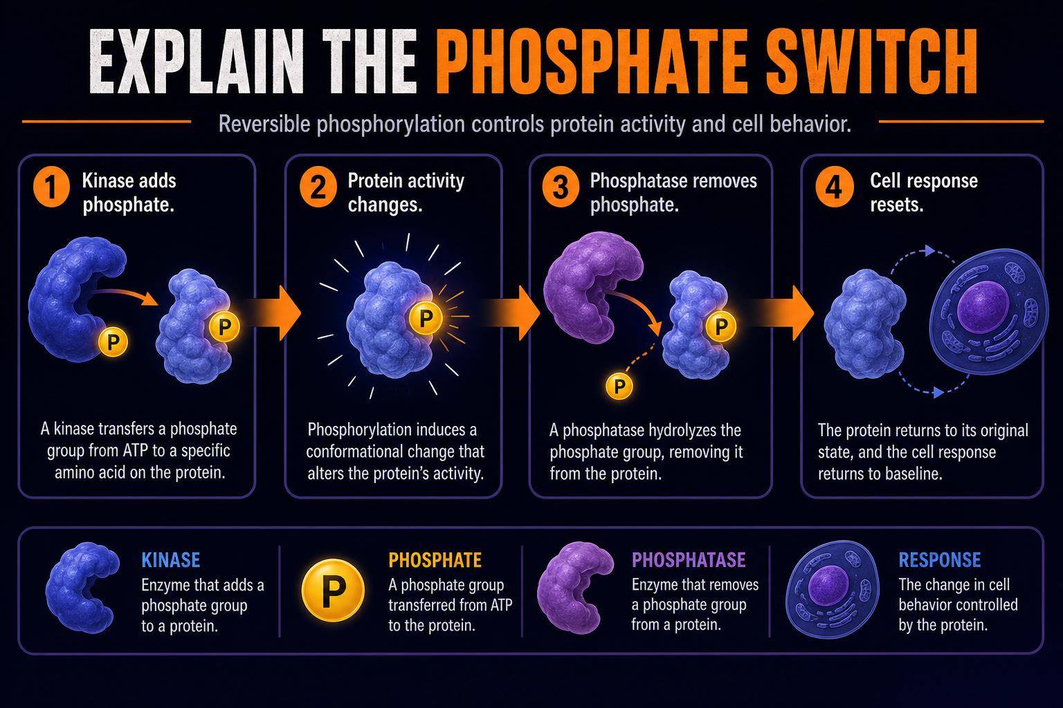 AP Biology kinases and phosphatases FRQ infographic showing how to explain phosphate addition, removal, protein activity, and cell response