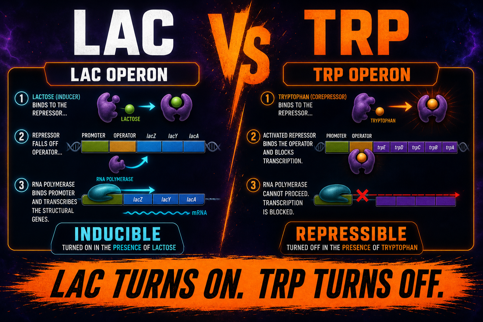 Lac vs Trp Operon AP Biology Overview Lac operon versus trp operon AP Biology overview showing inducible and repressible gene regulation