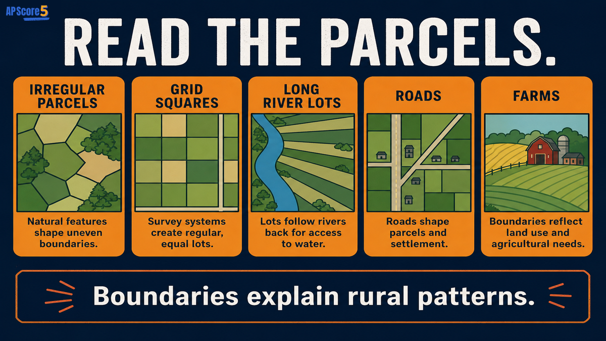 Land survey patterns AP Human Geography exam clues showing irregular parcels grid squares long river lots roads and farms