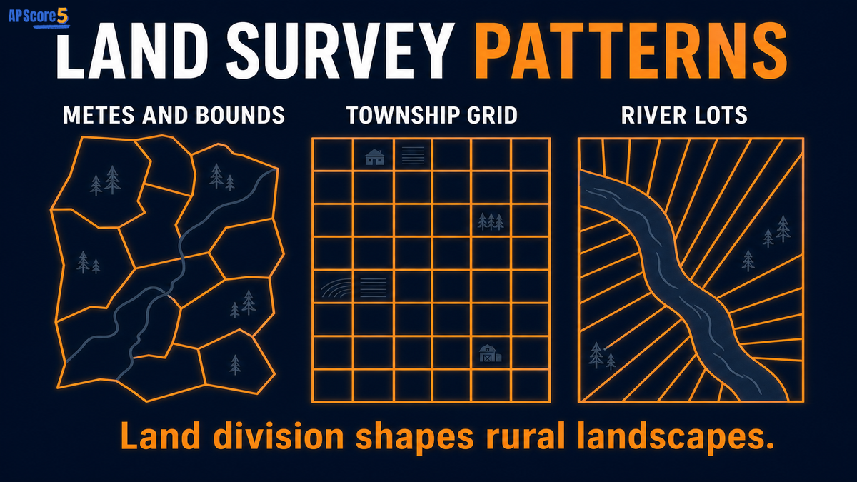 Land survey patterns AP Human Geography infographic showing metes and bounds township and range and long lot parcel systems