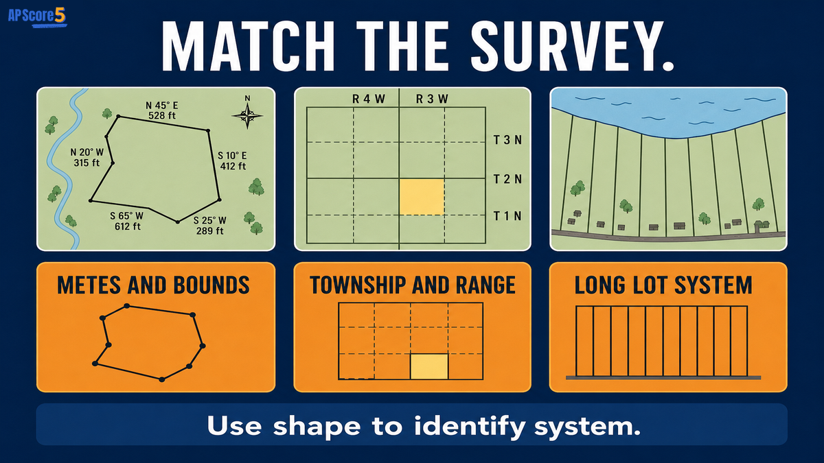Land survey patterns AP Human Geography practice image showing students matching parcel maps to metes and bounds township and range and long lot