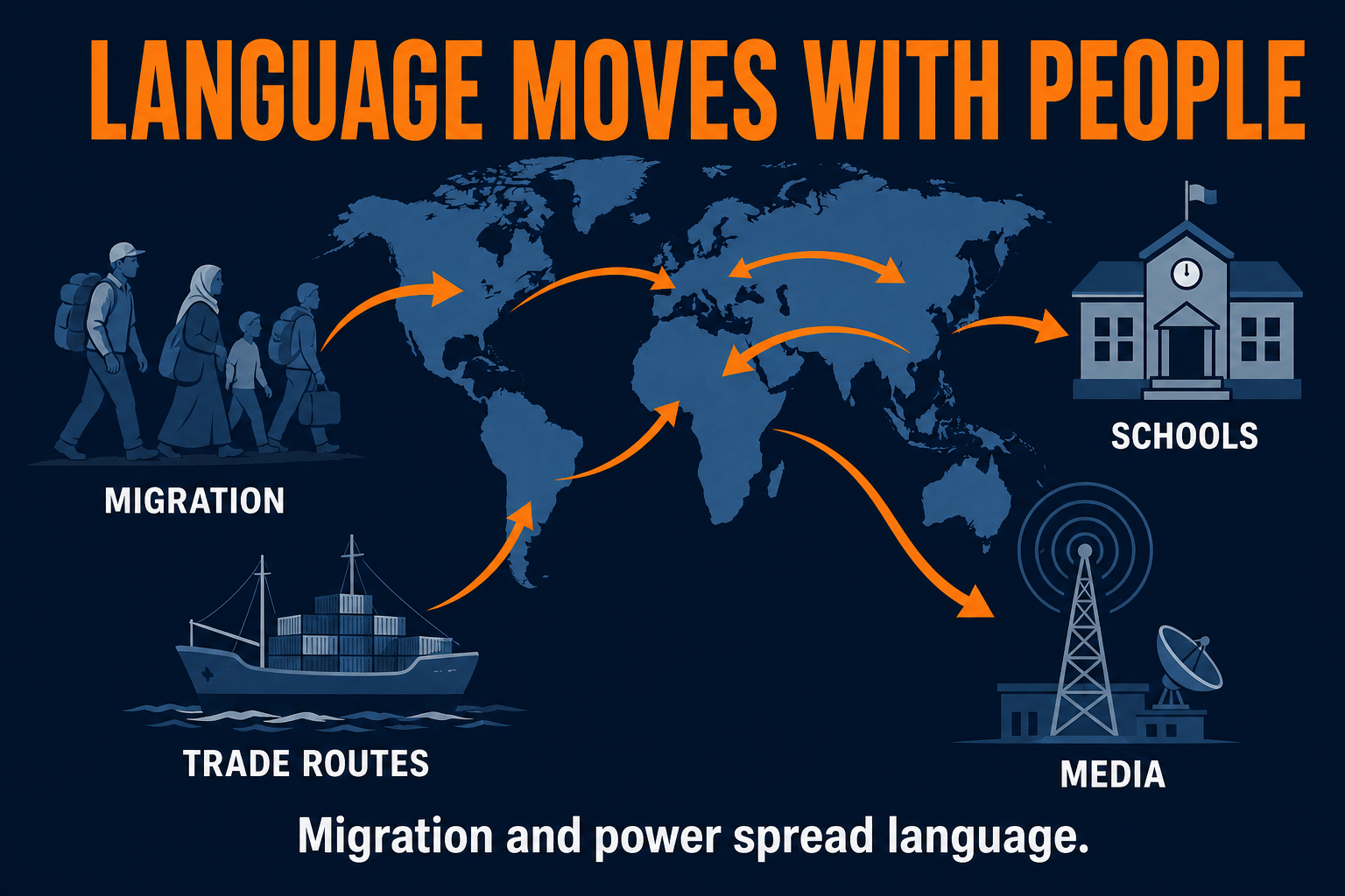 Language Diffusion AP Human Geography AP Human Geography language diffusion visual showing migration schools trade routes media and map arrows