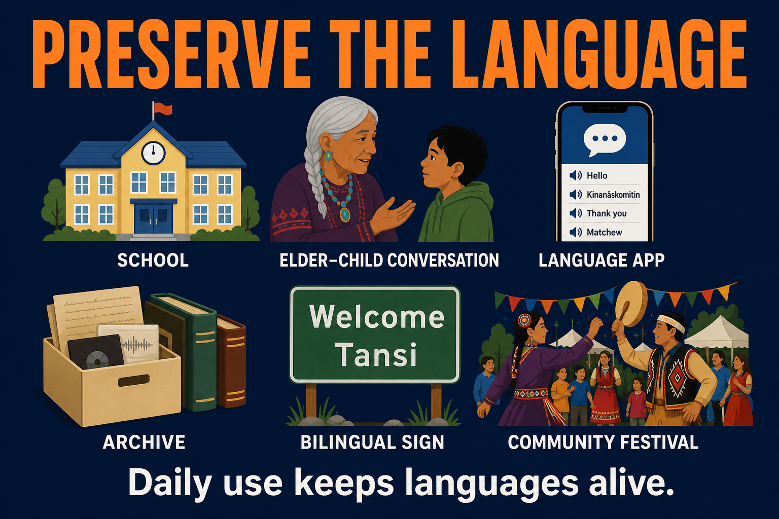 Language Preservation Methods AP Human Geography AP Human Geography language preservation visual showing schools elder youth programs apps archives bilingual signs and festivals