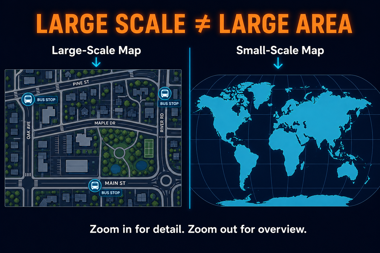Large-scale versus small-scale maps in AP Human Geography showing neighborhood detail compared with world overview