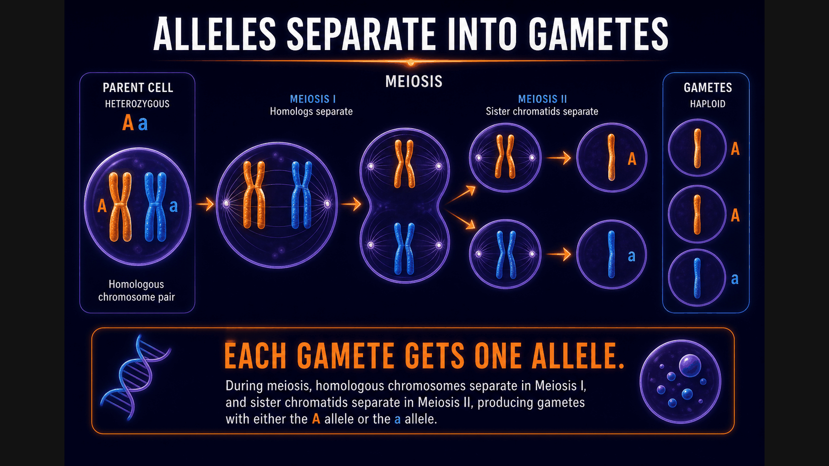 AP Biology law of segregation infographic showing paired alleles separating into different gametes during meiosis