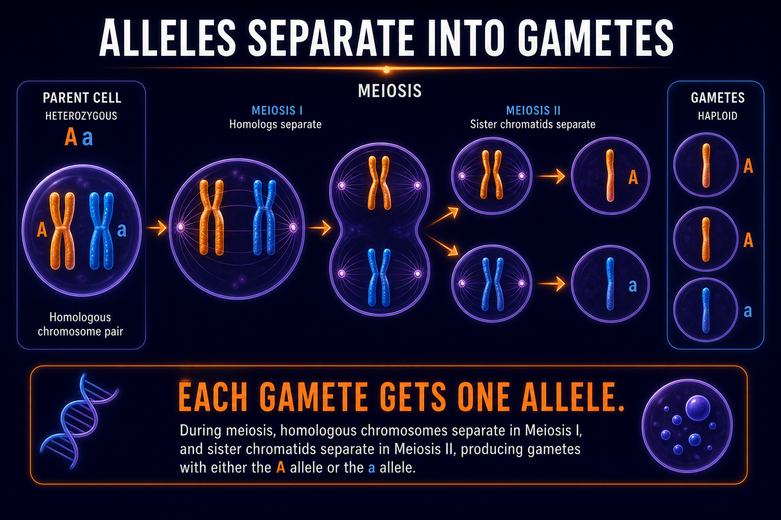 AP Biology law of segregation infographic showing paired alleles separating into different gametes during meiosis