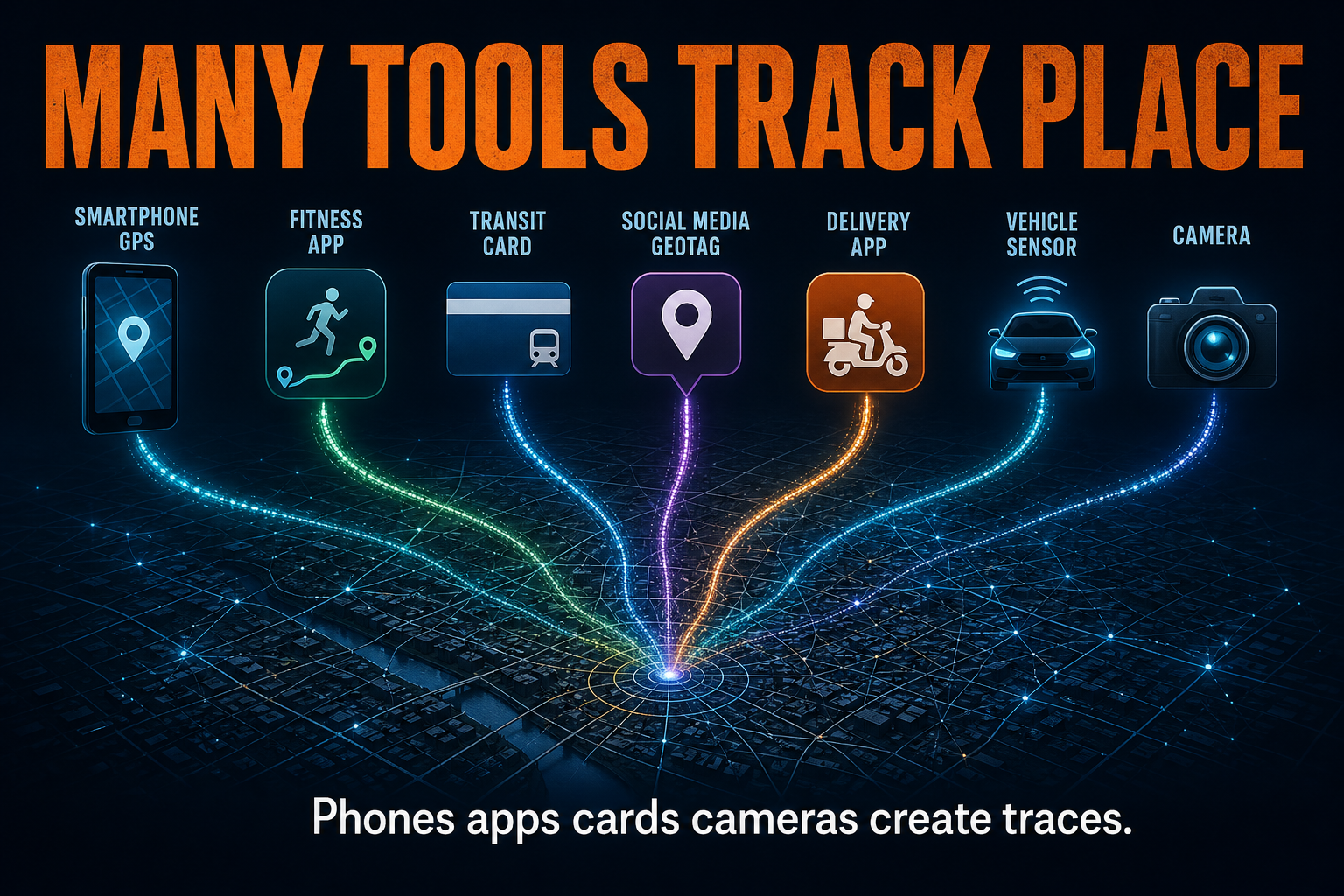 Location data sources in AP Human Geography showing phones apps transit cards social media geotags delivery apps vehicles and cameras