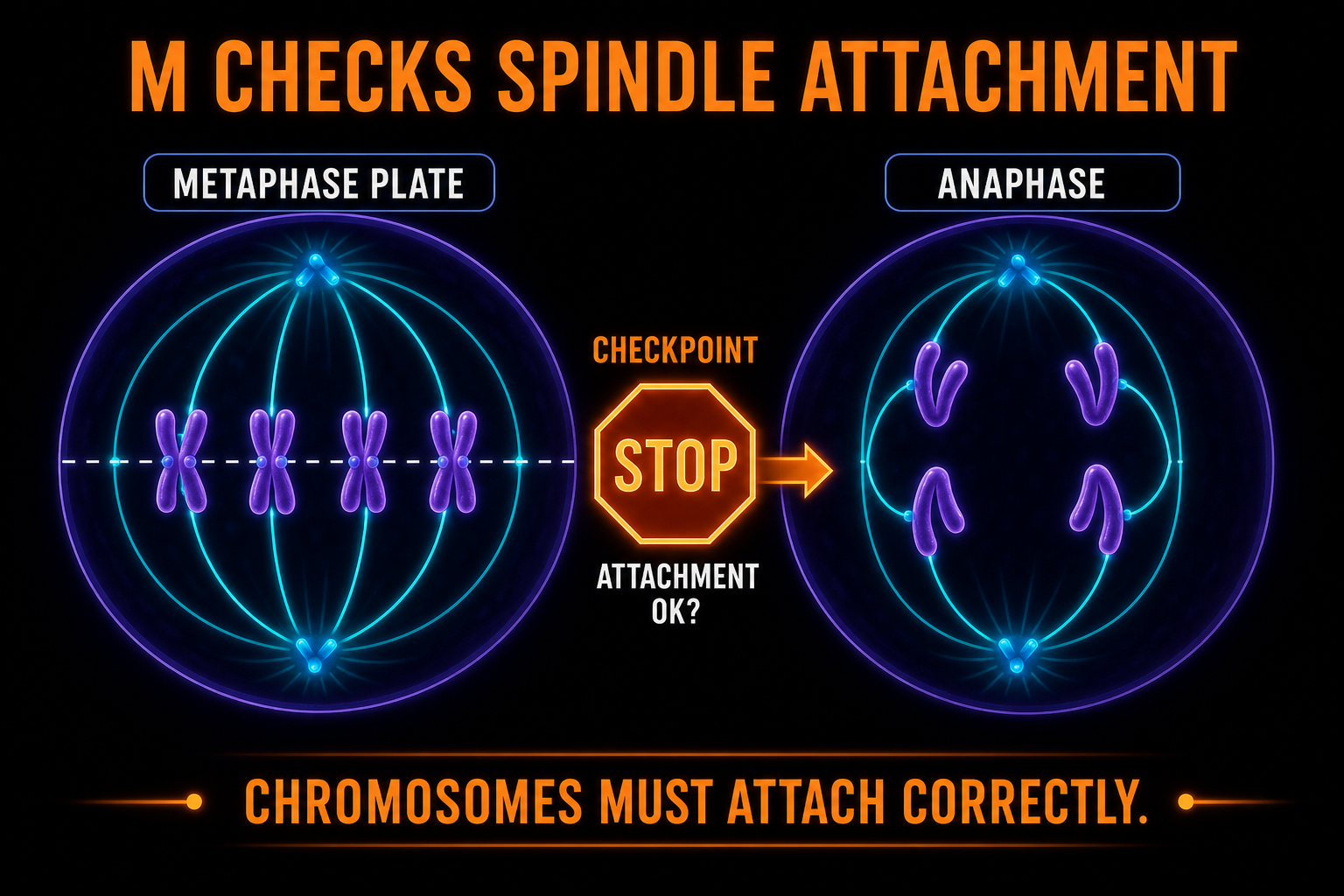 AP Biology M checkpoint infographic showing spindle attachment checked before sister chromatids separate
