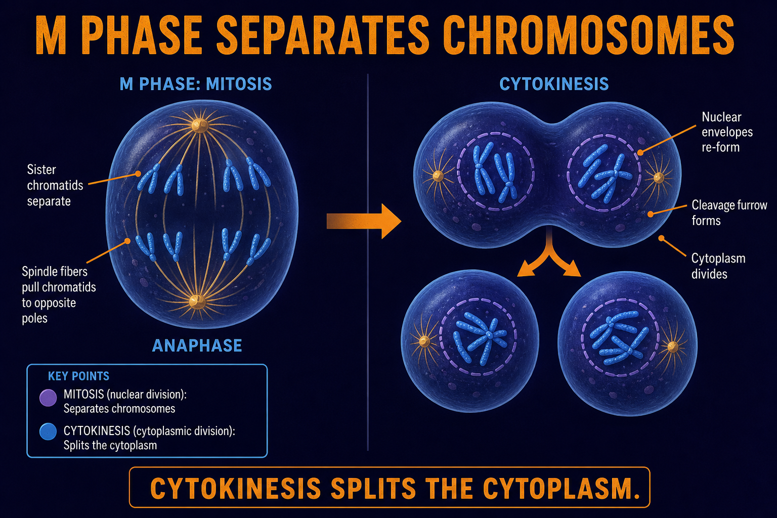 AP Biology M phase and cytokinesis infographic showing chromosome separation followed by cytoplasm division into two daughter cells