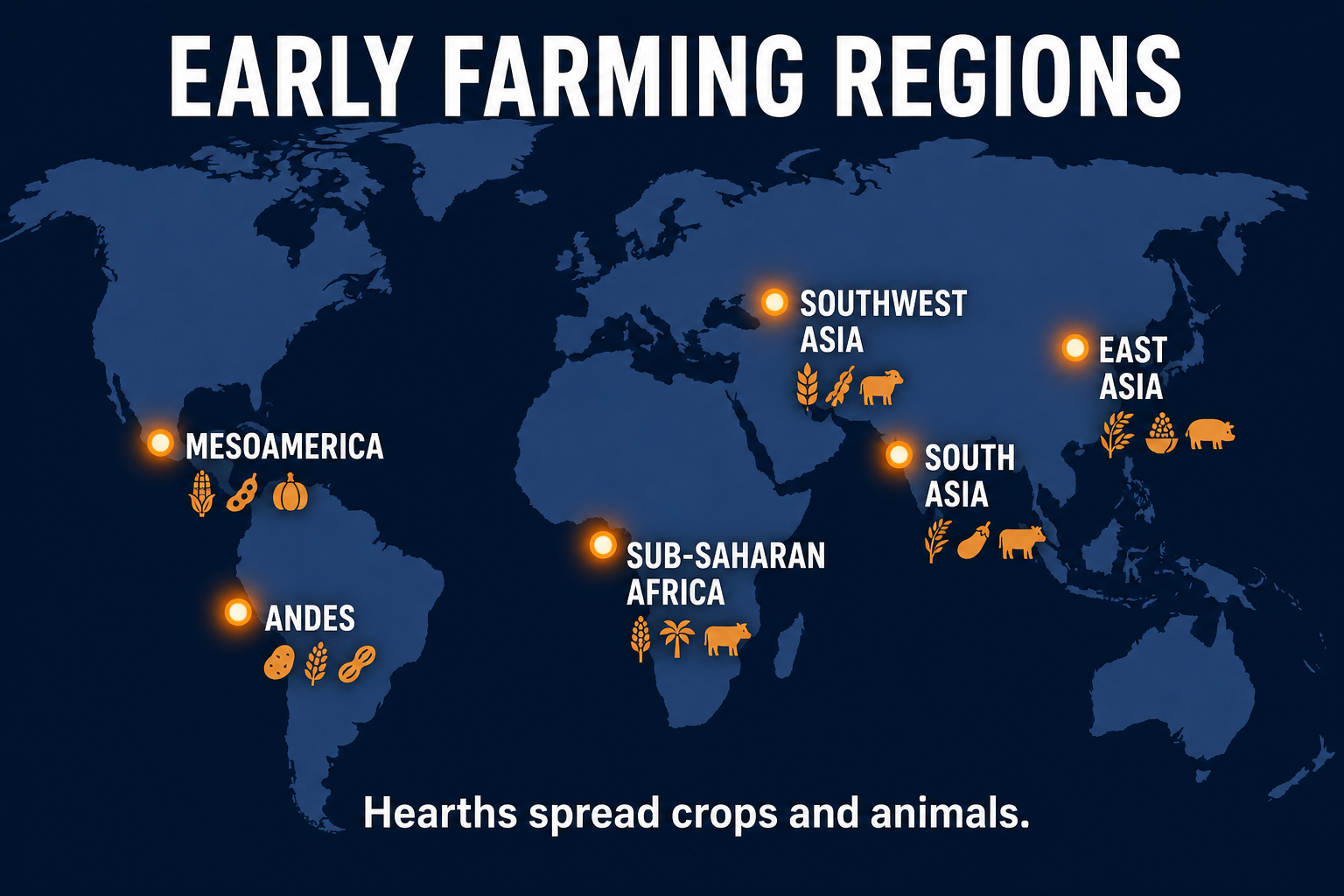 Major agricultural hearths AP Human Geography map infographic showing Southwest Asia, East Asia, South Asia, Mesoamerica, Andes, and Sub-Saharan Africa as early farming regions