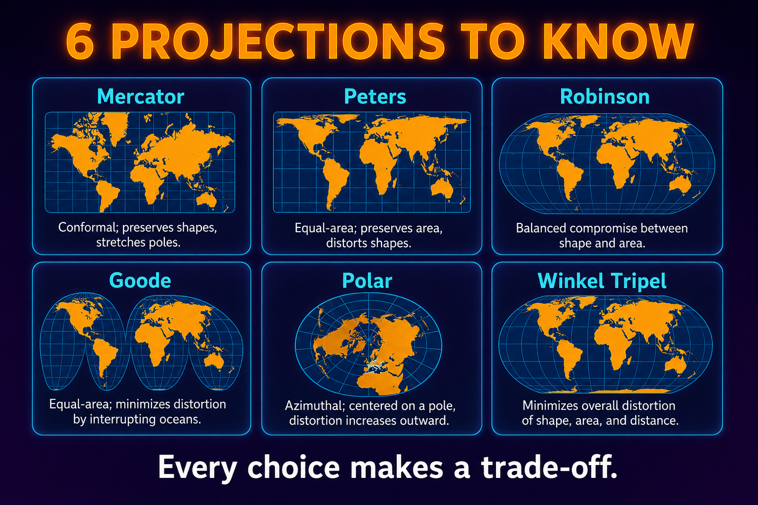Major AP Human Geography map projections including Mercator Peters Robinson Goode polar azimuthal and Winkel Tripel