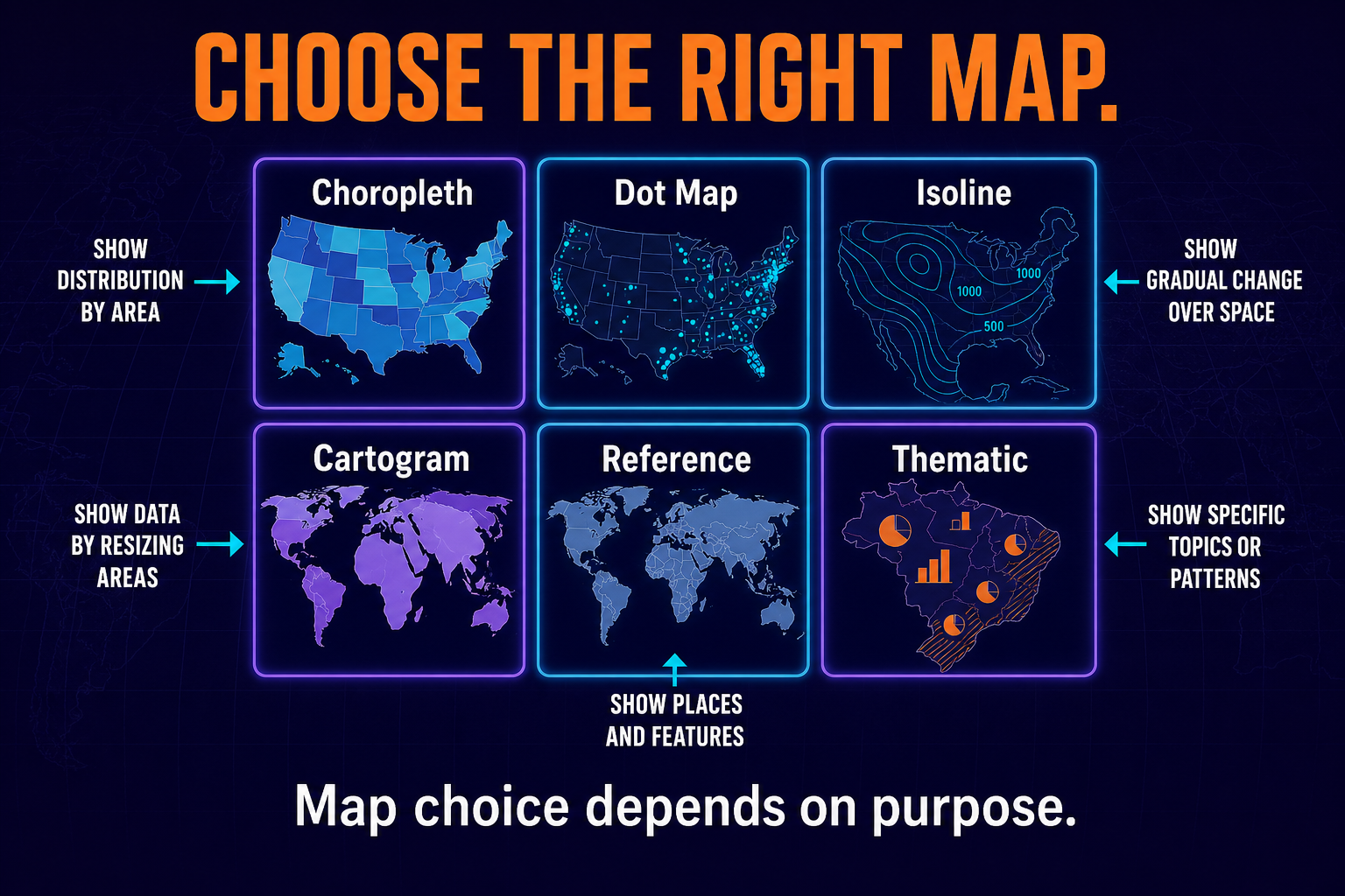 Major AP Human Geography map types including choropleth dot distribution isoline cartogram reference and thematic maps
