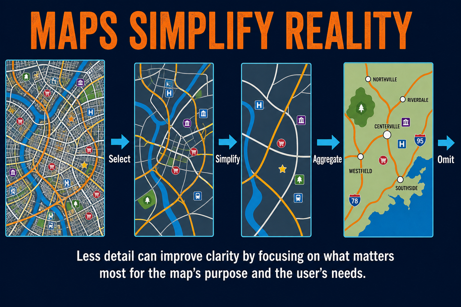 Map generalization in AP Human Geography showing detailed streets simplified into a readable smaller-scale map