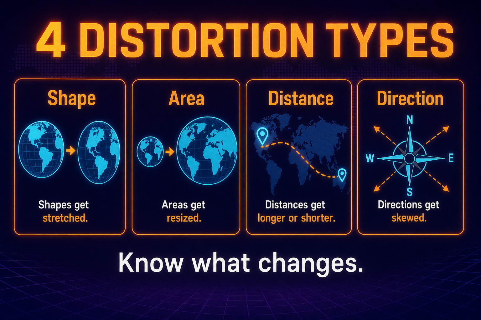 Map projection distortion types in AP Human Geography showing shape area distance and direction trade-offs