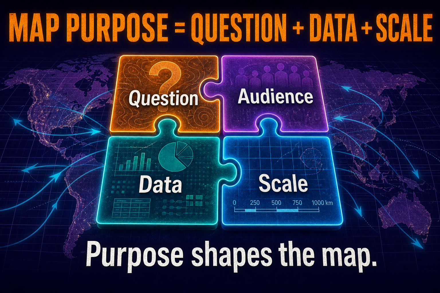 Map purpose formula showing question audience data and scale for AP Human Geography