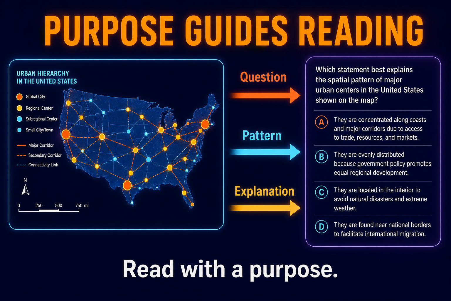 Map purpose practice for AP Human Geography with MCQ cards and map interpretation