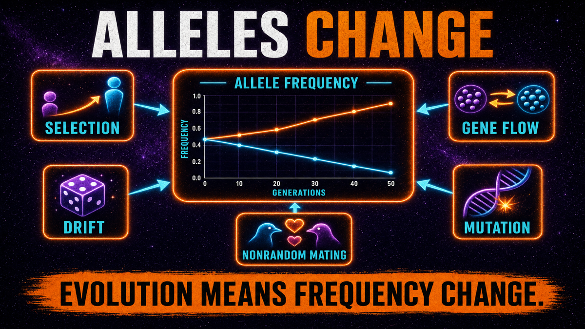Population genetics AP Biology showing selection drift gene flow mutation and nonrandom mating changing allele frequencies