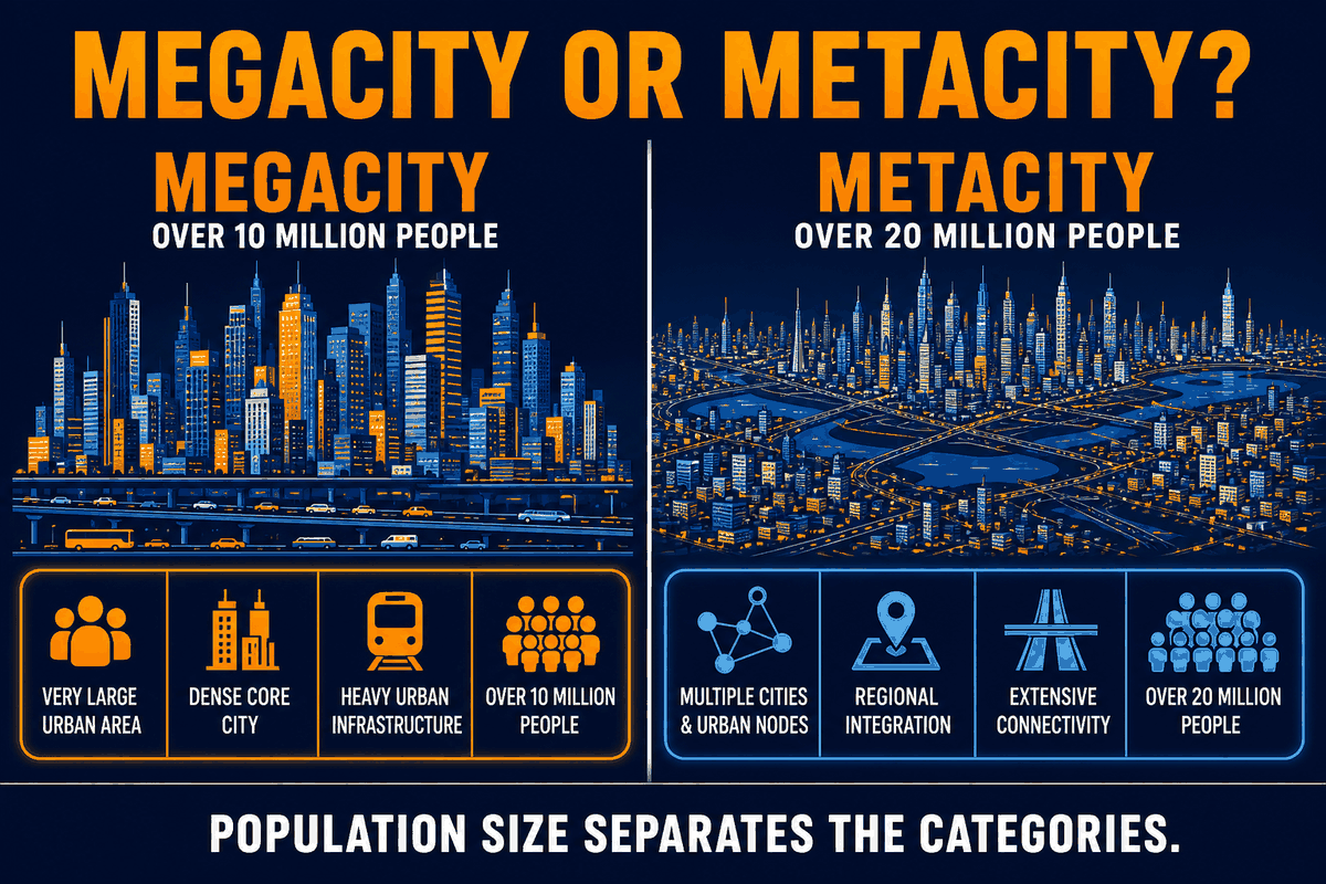 AP Human Geography megacity versus metacity infographic comparing a city over ten million people with a city over twenty million people.
