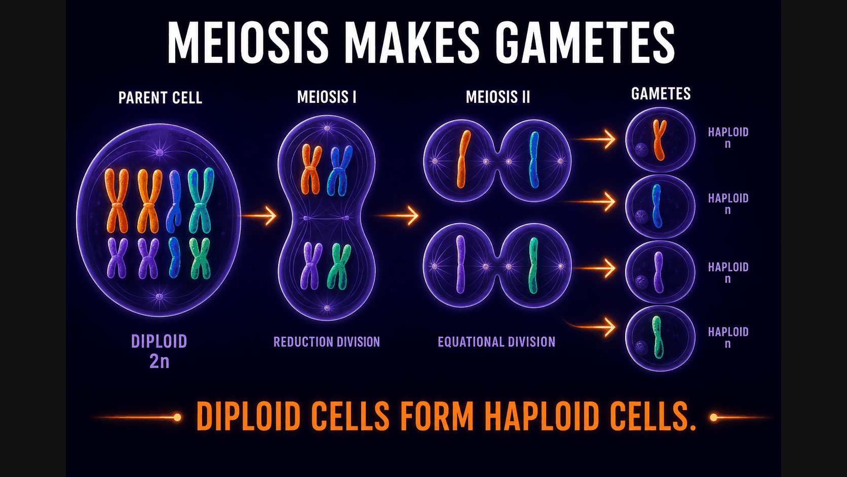 AP Biology meiosis infographic showing homologous chromosomes separating to form haploid gametes with genetic variation