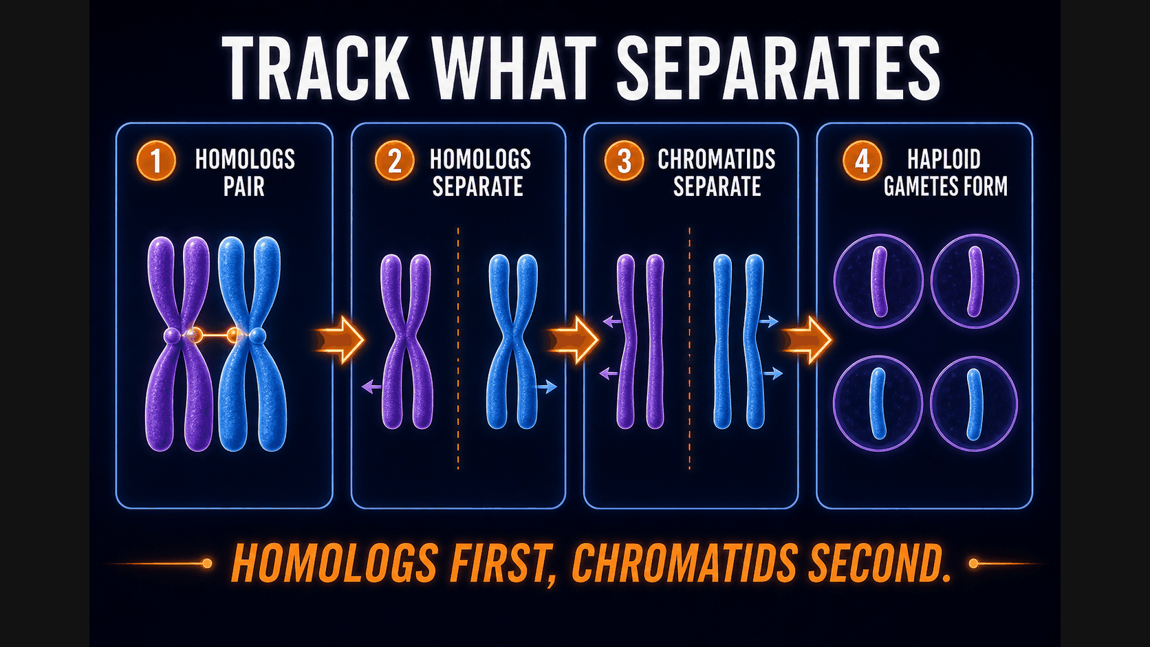 AP Biology independent assortment FRQ reasoning infographic showing how random chromosome orientation creates different gamete combinations