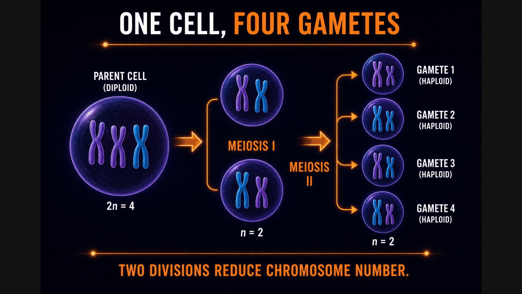 AP Biology meiosis overview infographic showing one diploid cell producing four genetically different haploid gametes