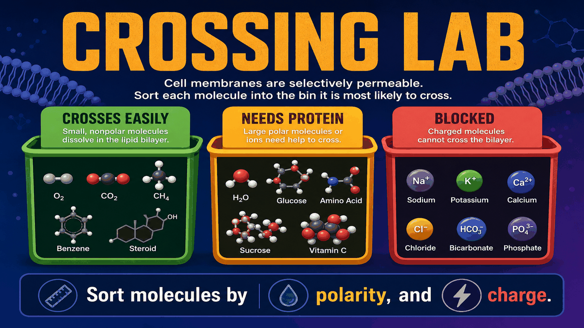 Membrane crossing lab AP Biology infographic showing students sorting molecules by membrane crossing ability