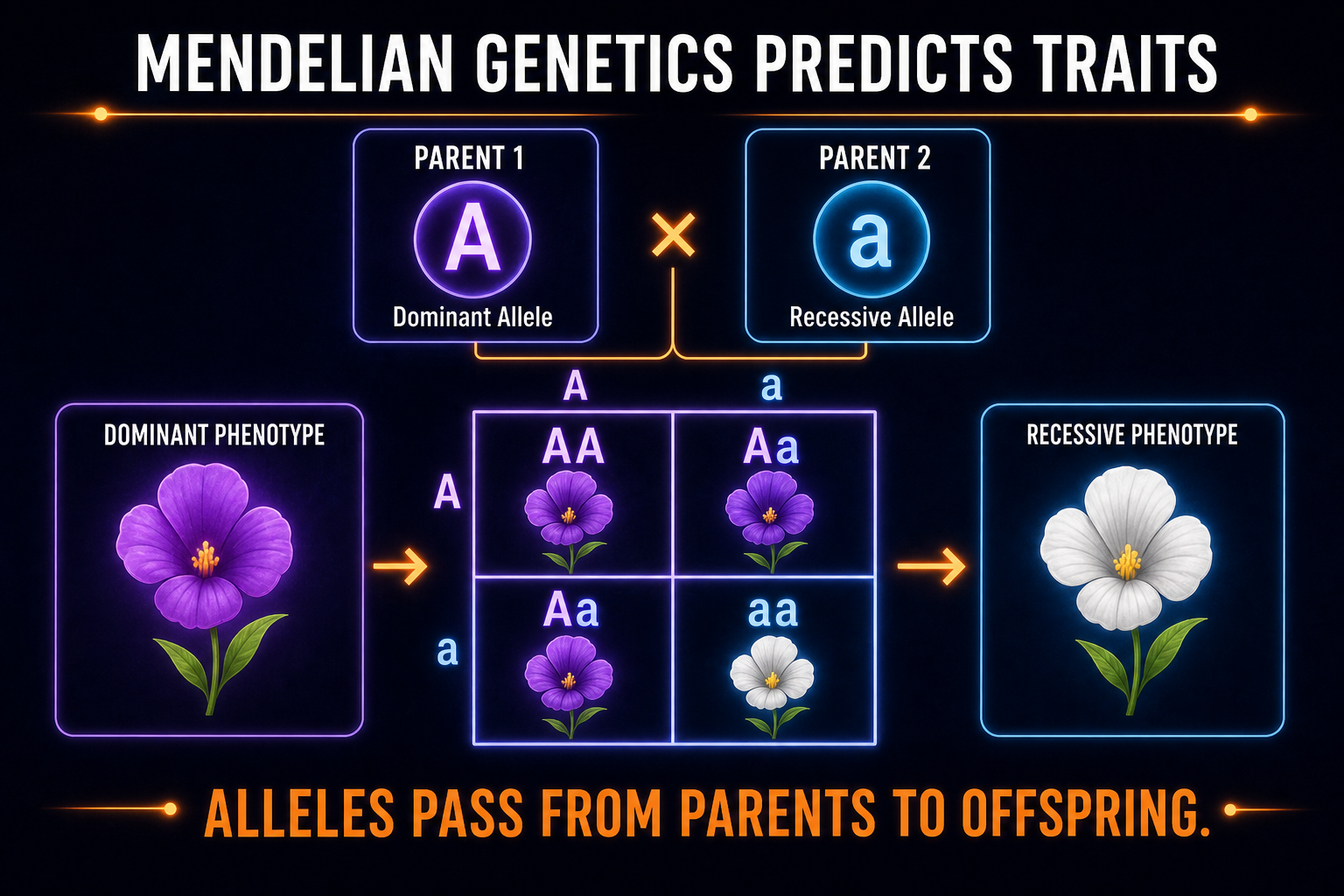 AP Biology Mendelian genetics infographic showing alleles, dominant and recessive traits, genotype, phenotype, and inheritance prediction