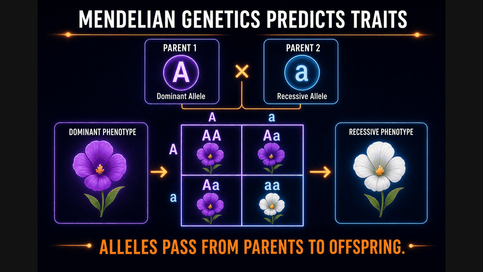 AP Biology Mendelian genetics infographic showing alleles, dominant and recessive traits, genotype, phenotype, and inheritance prediction
