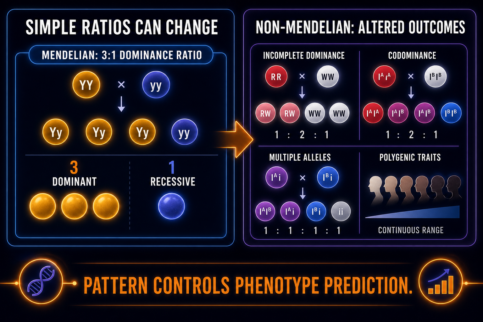 AP Biology Mendelian vs non-Mendelian genetics infographic comparing simple dominance with modified inheritance patterns