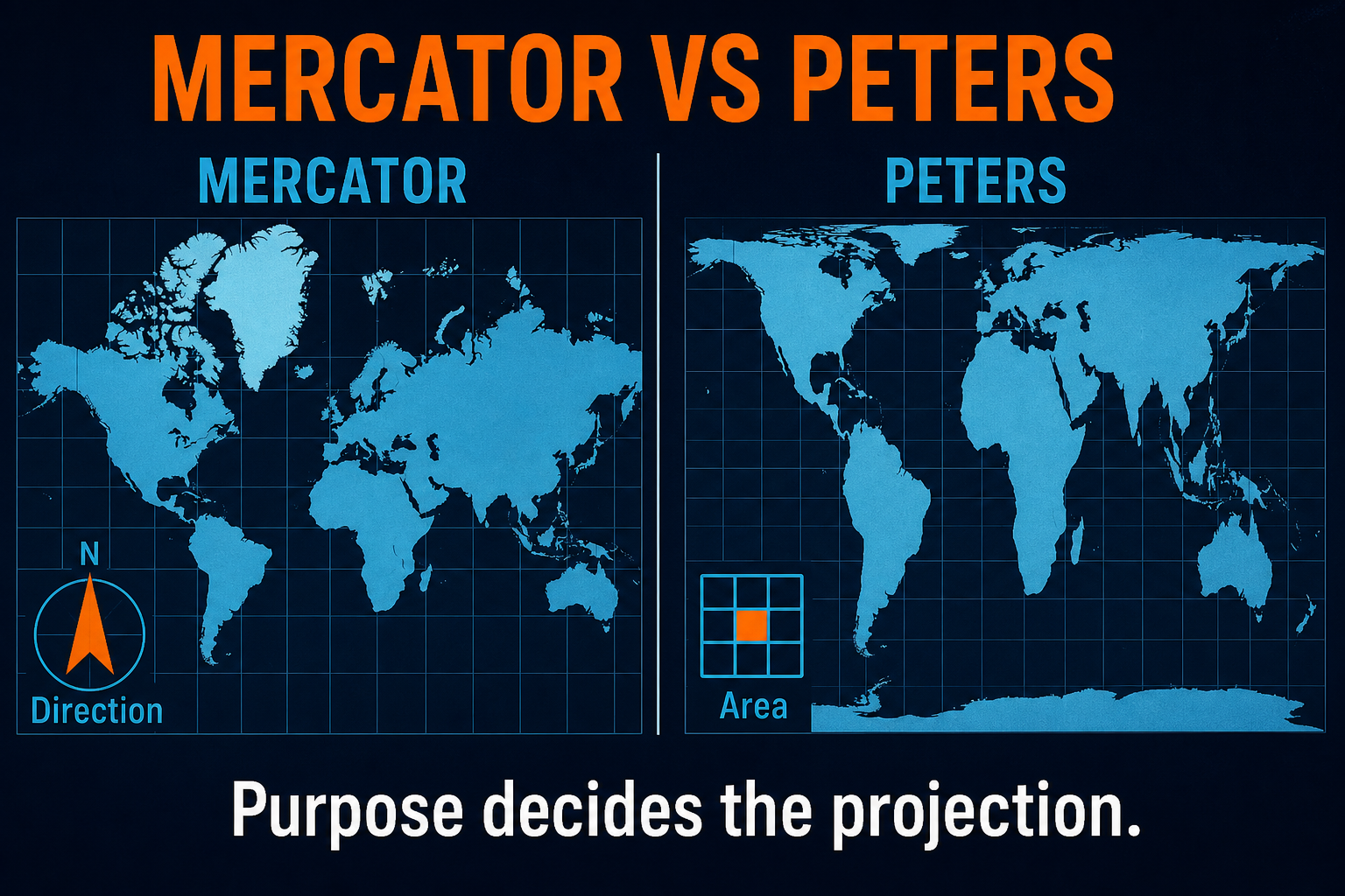Mercator versus Peters projection in AP Human Geography showing direction preservation versus area preservation