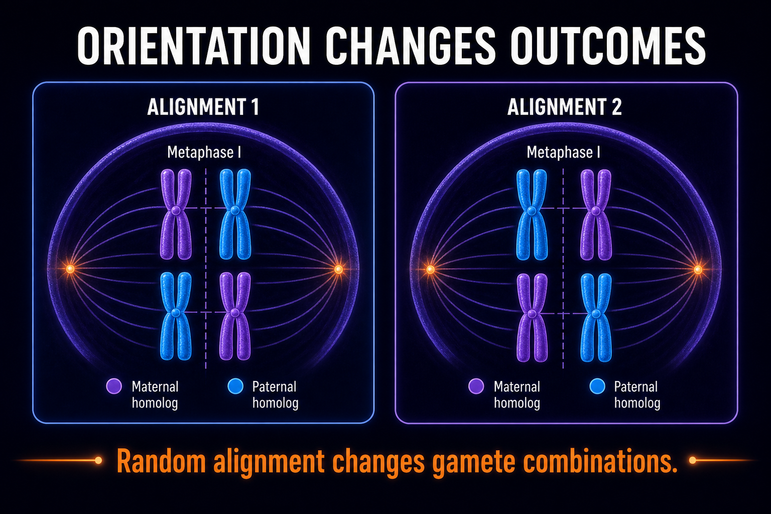 AP Biology metaphase I infographic showing random orientation of homologous chromosome pairs during independent assortment
