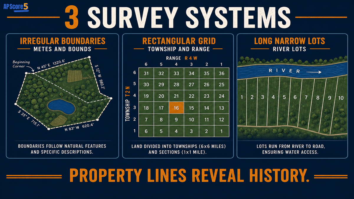 Metes and bounds township and range and long lot AP Human Geography infographic comparing three land survey systems