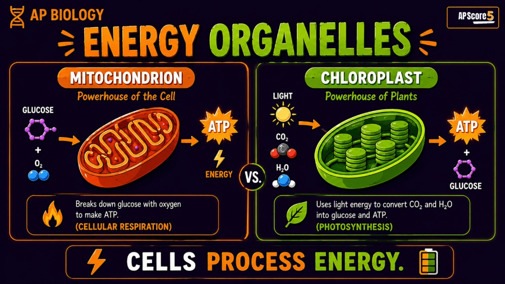 Mitochondria vs chloroplasts AP Biology infographic comparing ATP production and photosynthesis