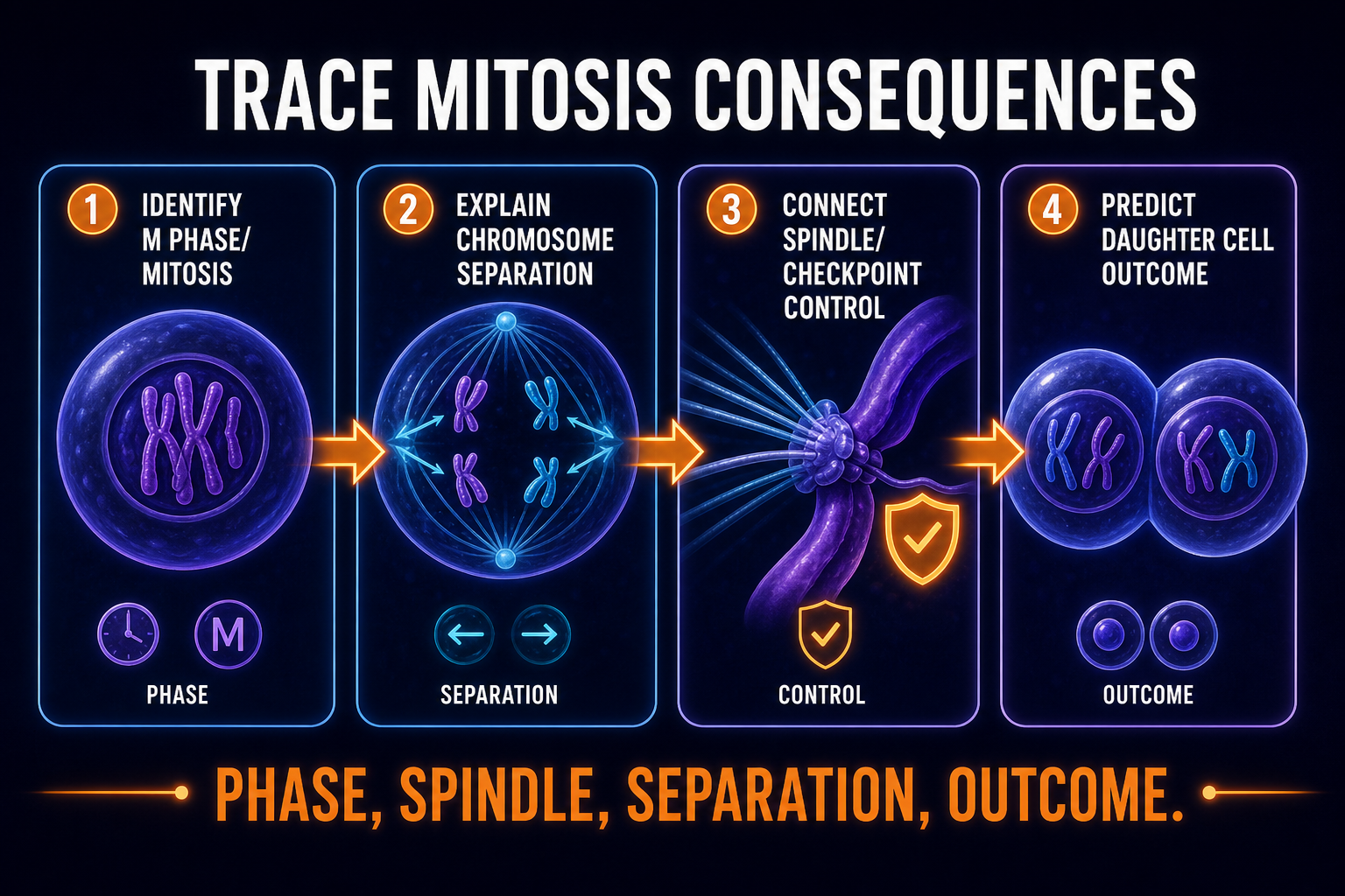 AP Biology mitosis FRQ infographic showing how to trace M phase, spindle attachment, chromosome separation, and daughter cell outcomes
