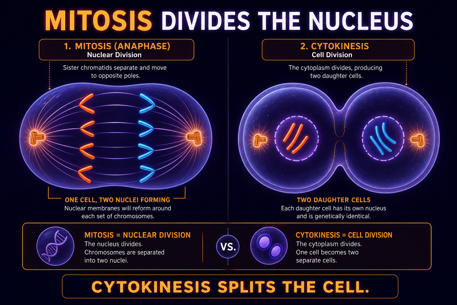 AP Biology mitosis and cytokinesis infographic showing nuclear division followed by cell division