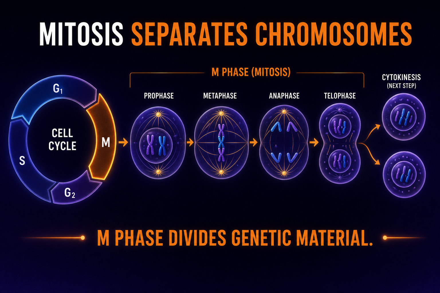 AP Biology mitosis in the cell cycle infographic showing M phase, chromosome separation, spindle attachment, cytokinesis, and regulated cell division