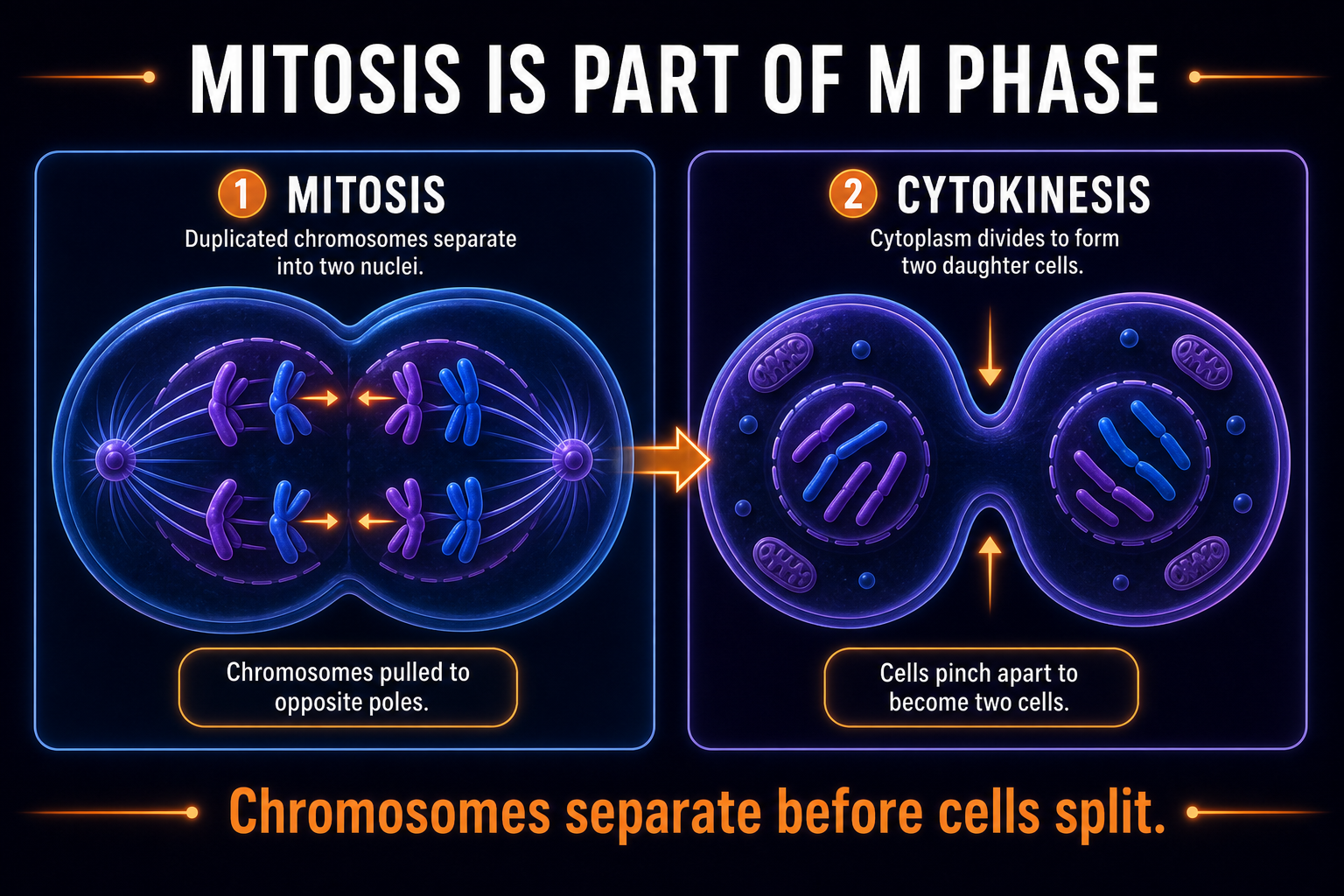 AP Biology M phase infographic showing mitosis separating chromosomes and cytokinesis dividing cytoplasm