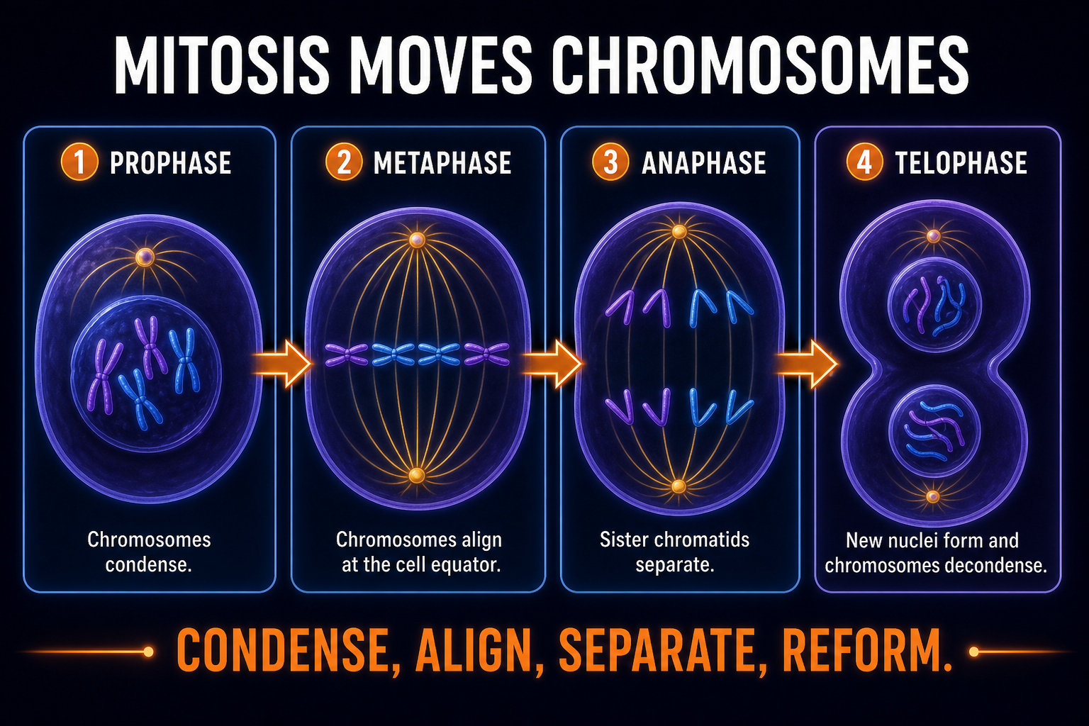 AP Biology mitosis stages infographic showing chromosome condensation, alignment, separation, and nuclear reforming during M phase