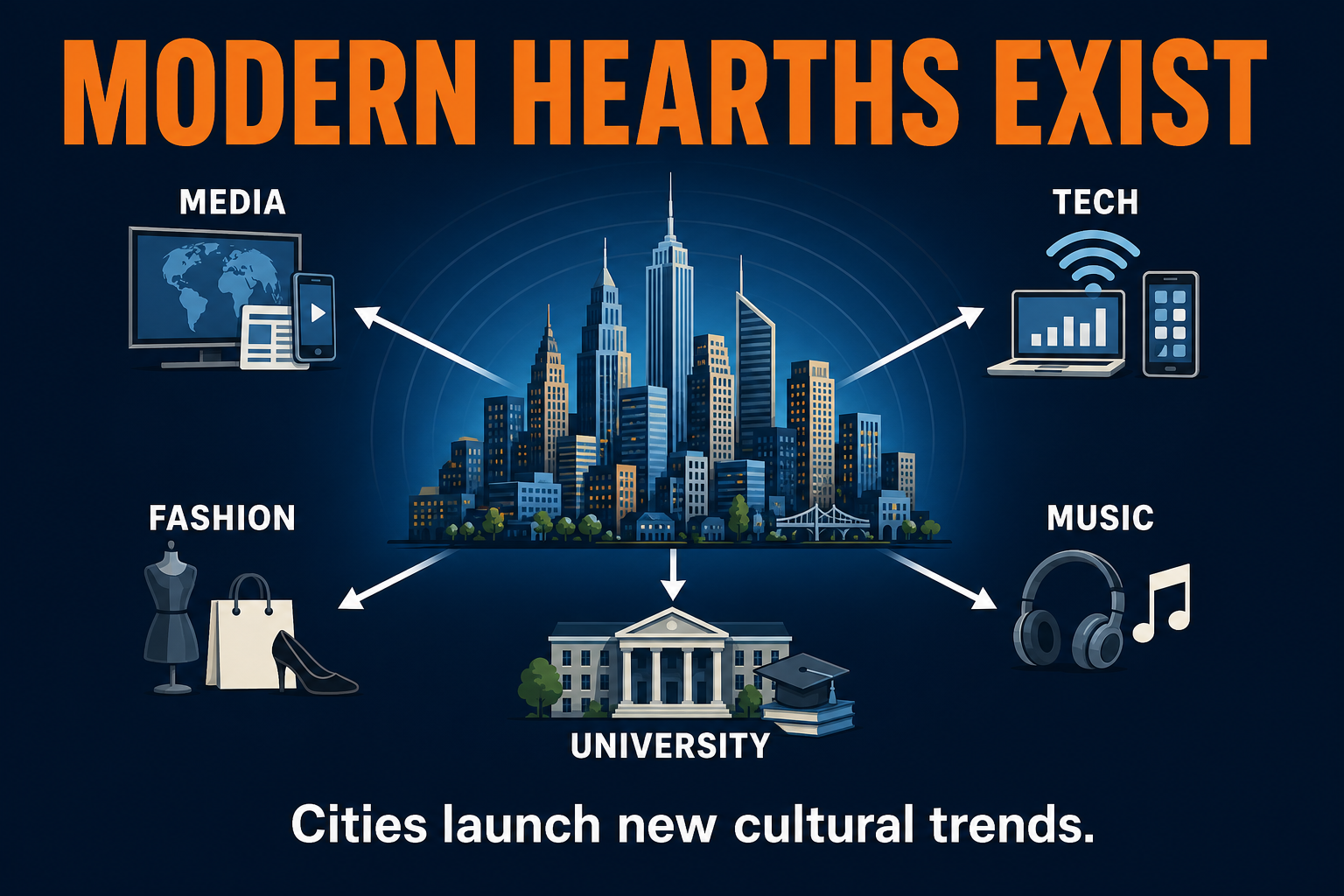AP Human Geography modern cultural hearths visual showing cities launching media technology fashion music and university trends