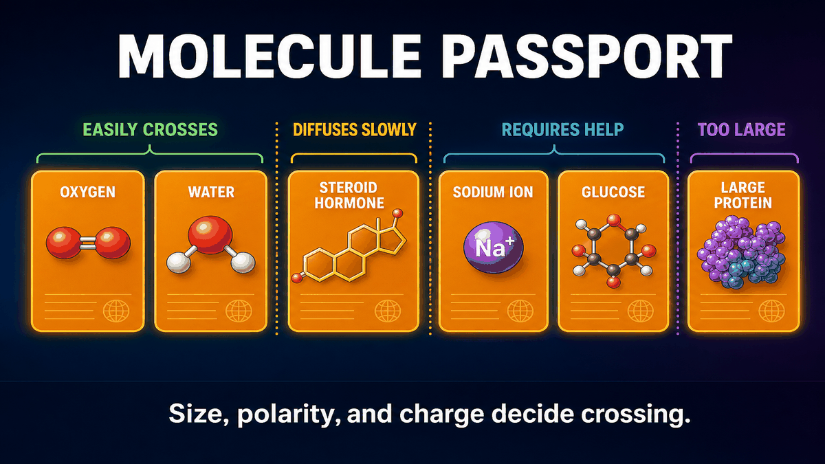 Molecule passport check AP Biology infographic showing molecules sorted by size polarity charge and membrane crossing method