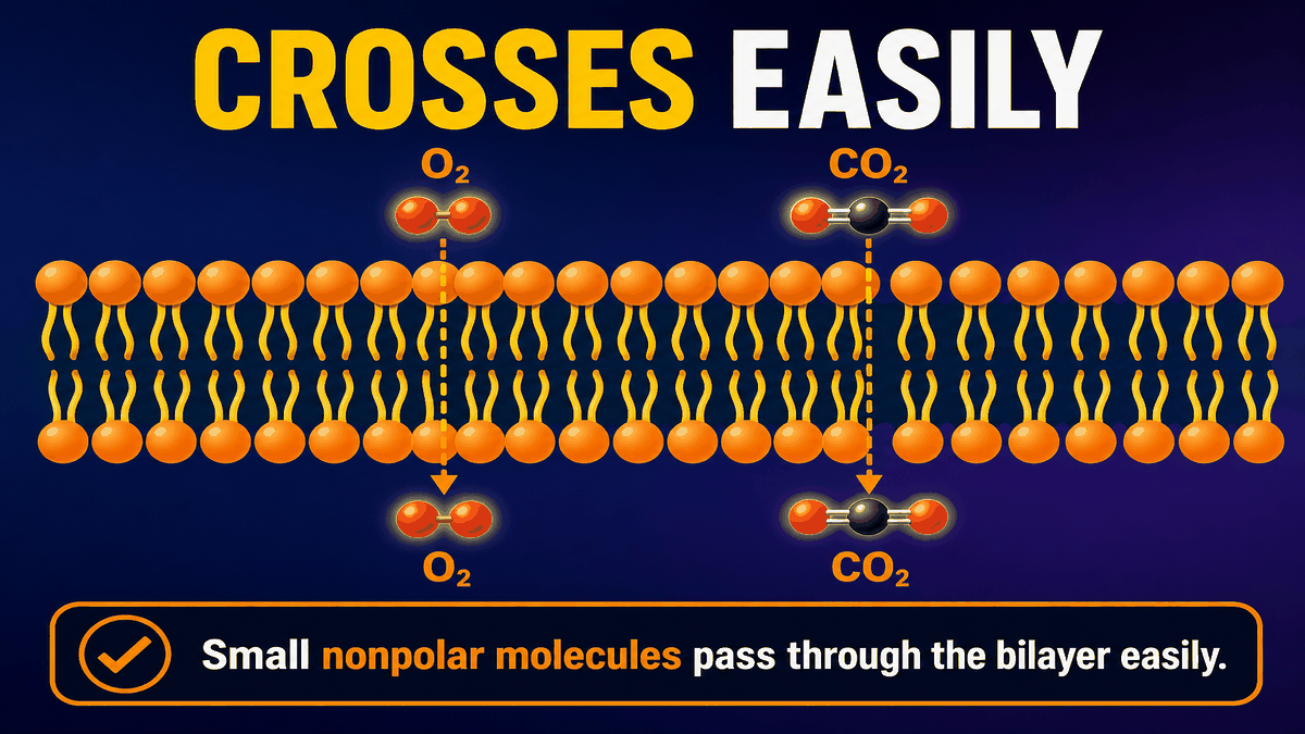 AP Biology infographic showing oxygen and carbon dioxide crossing the phospholipid bilayer easily