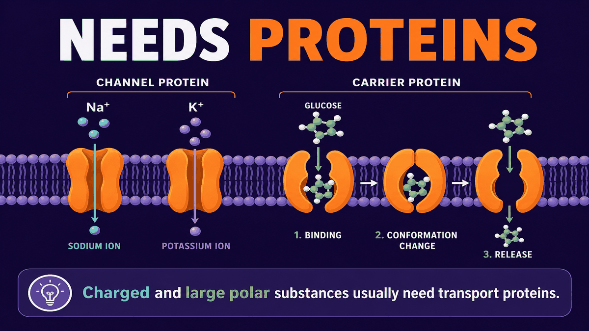 AP Biology infographic showing ions and glucose needing membrane proteins to cross the cell membrane