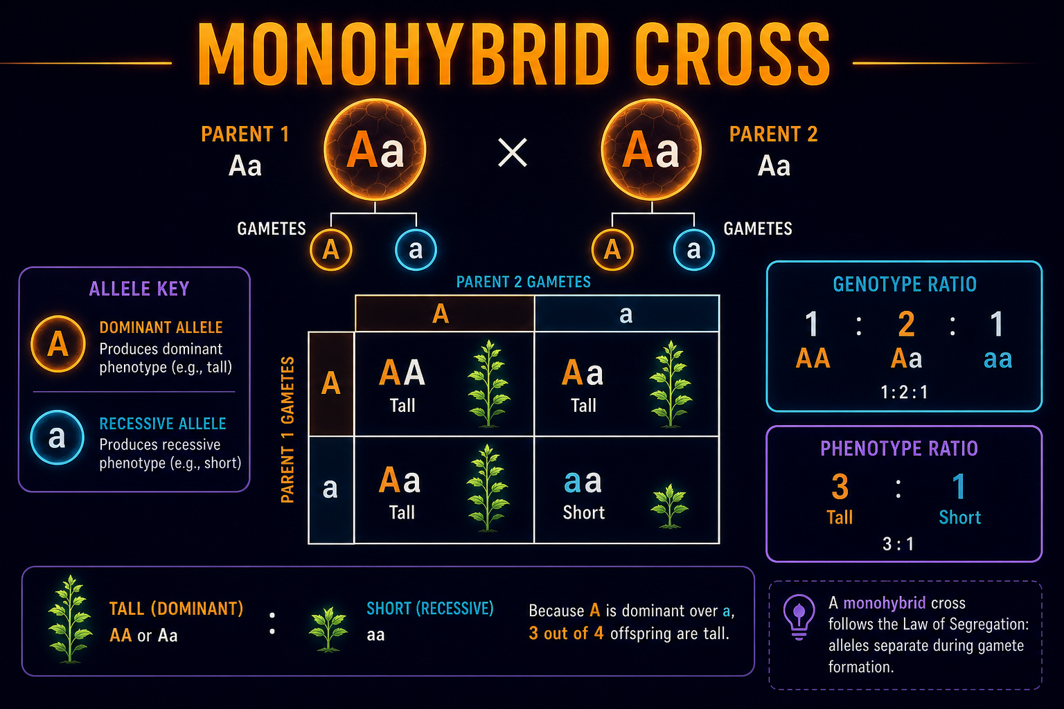 AP Biology monohybrid cross infographic showing Aa by Aa Punnett square, genotype ratio, phenotype ratio, and test cross reasoning